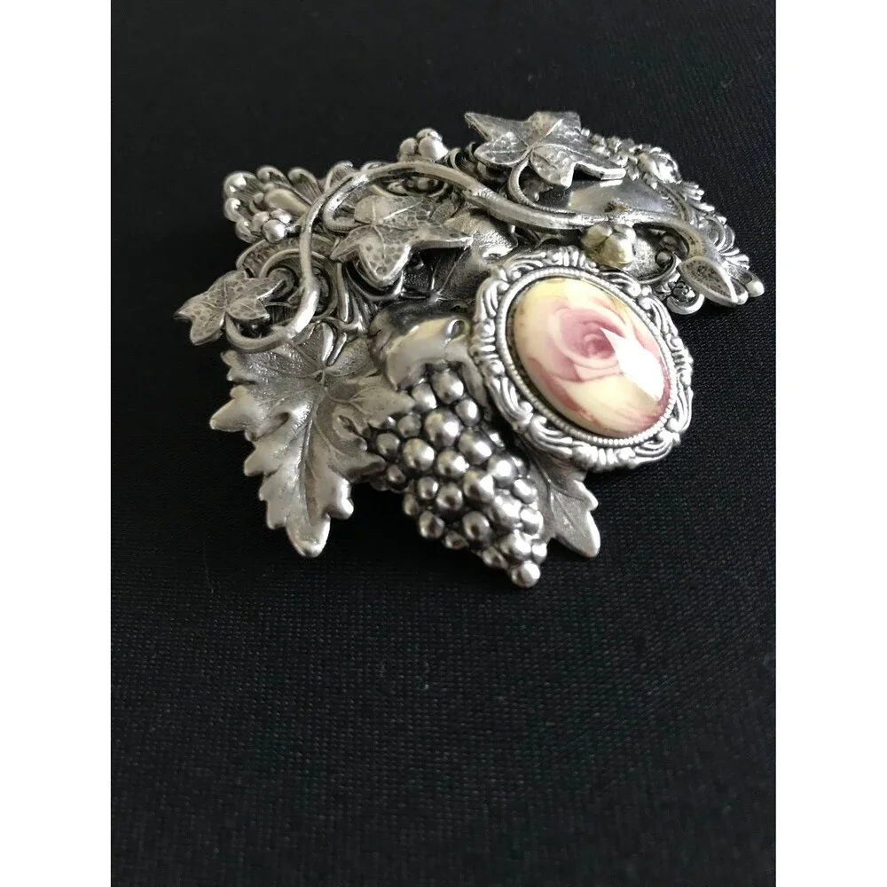 Vintage Silver tone 3D Rose Brooch Pendant
